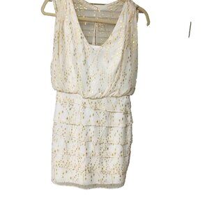 Laundry Shelli Segal‎ Silk Cocktail Dress Women's 0 Ivory Gold Metallic Lined